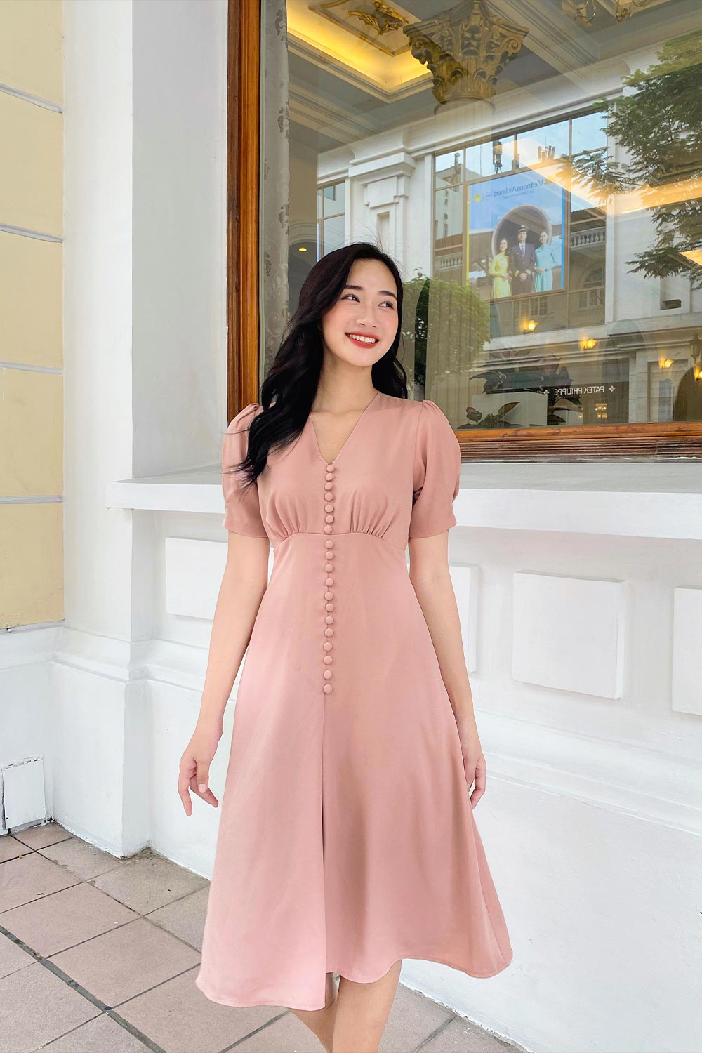 Đầm chữ A công sở dáng dài qua gối 