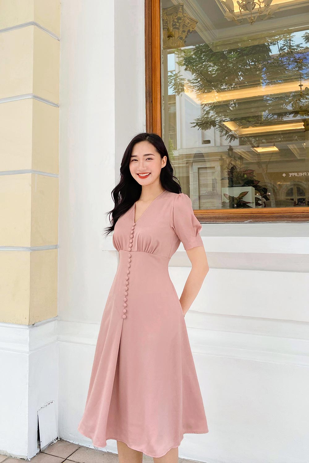 Đầm chữ A công sở dáng dài qua gối 
