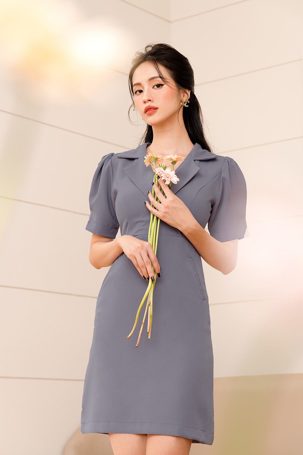 Đầm chữ A công sở đẹp cổ đan tông