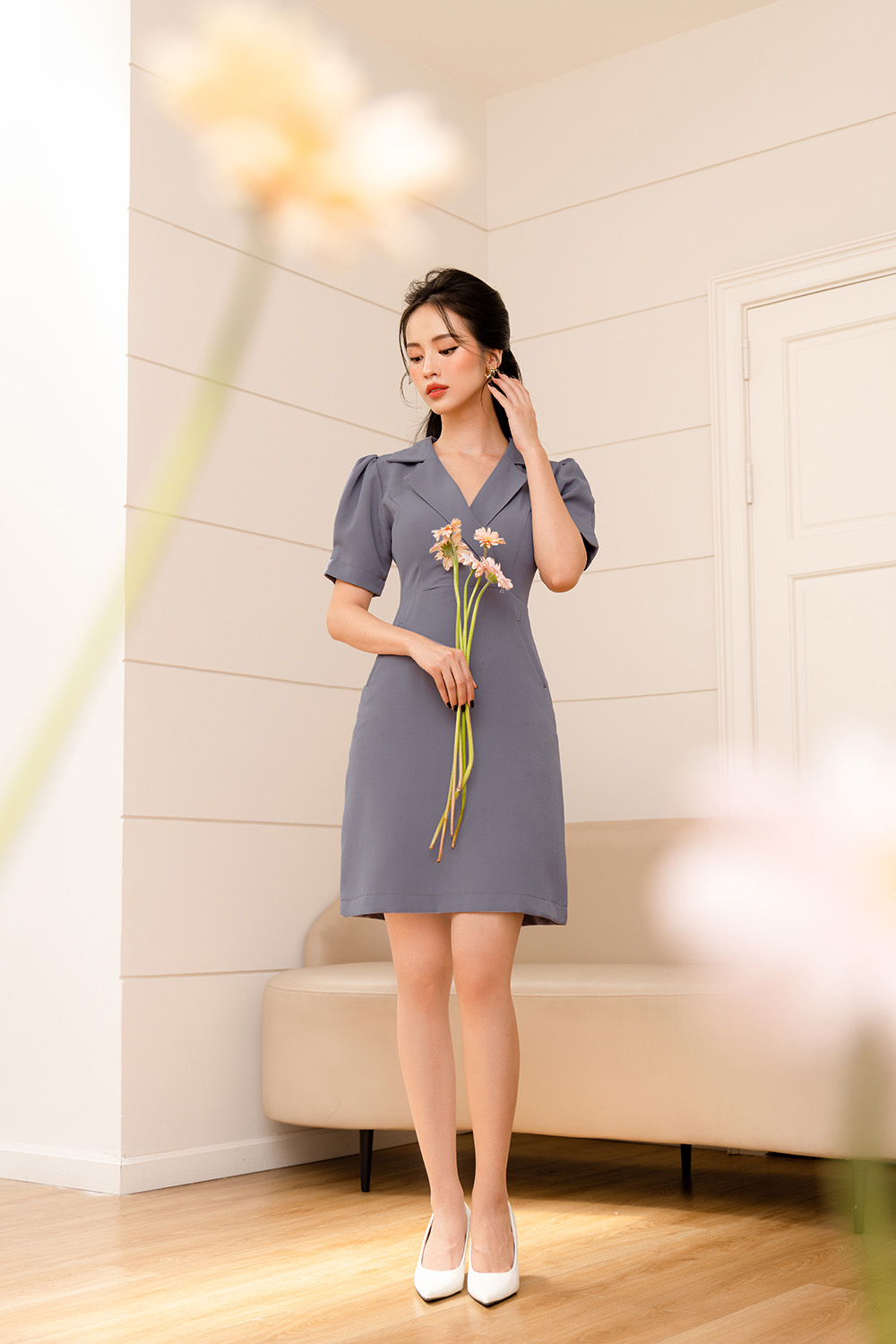 Đầm chữ A công sở đẹp cổ đan tông
