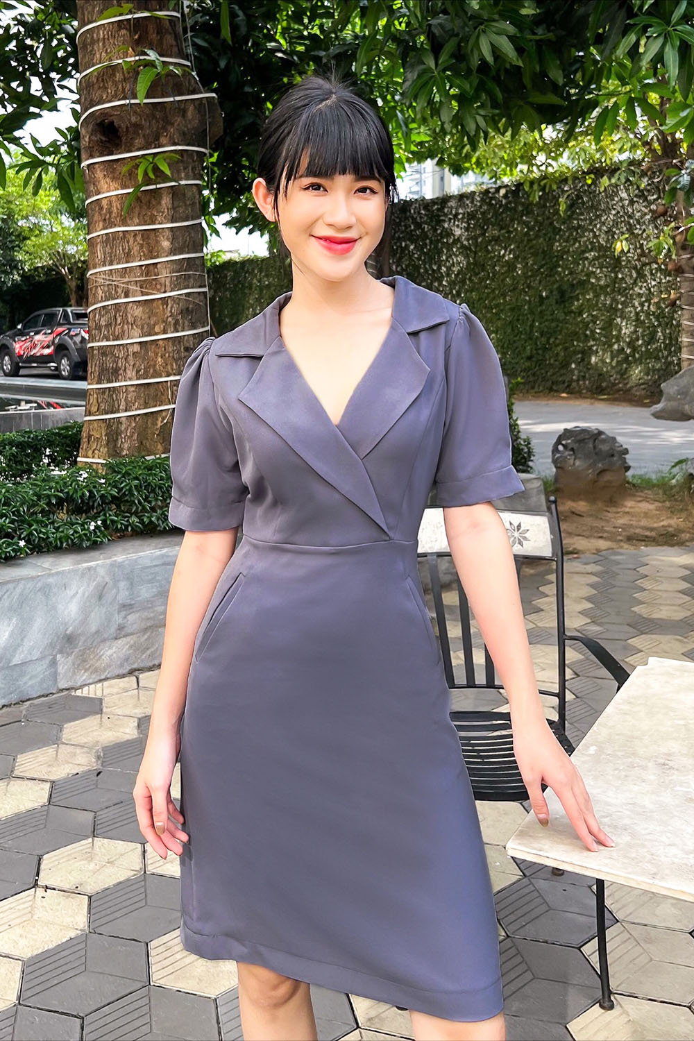 Đầm chữ A công sở đẹp cổ đan tông