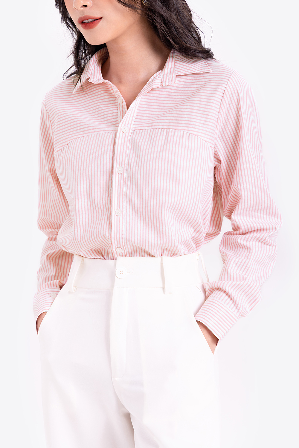 Áo sơ mi nữ công sở sọc hồng trắng 