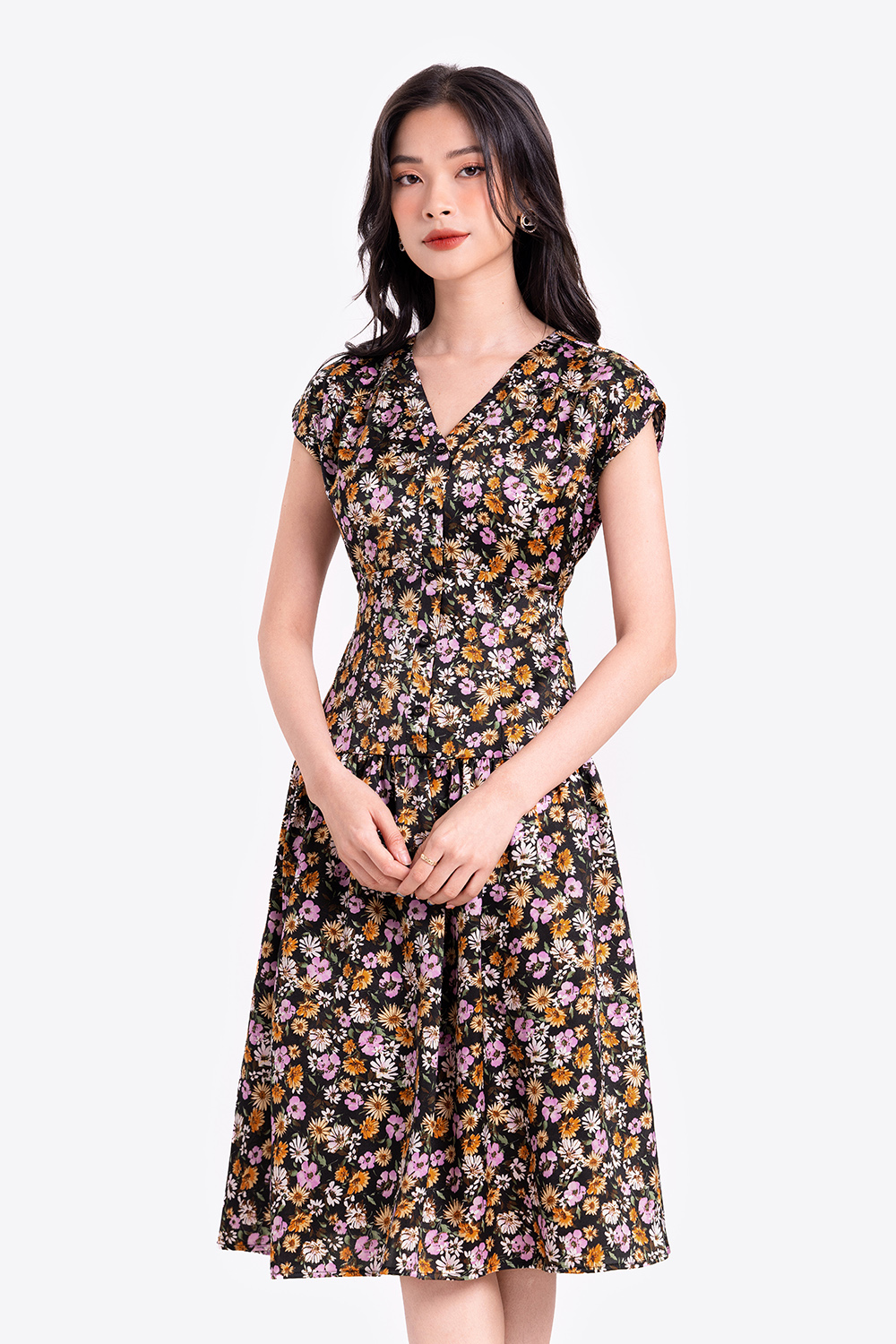 Đầm hoa nhí dáng xòe cổ V 