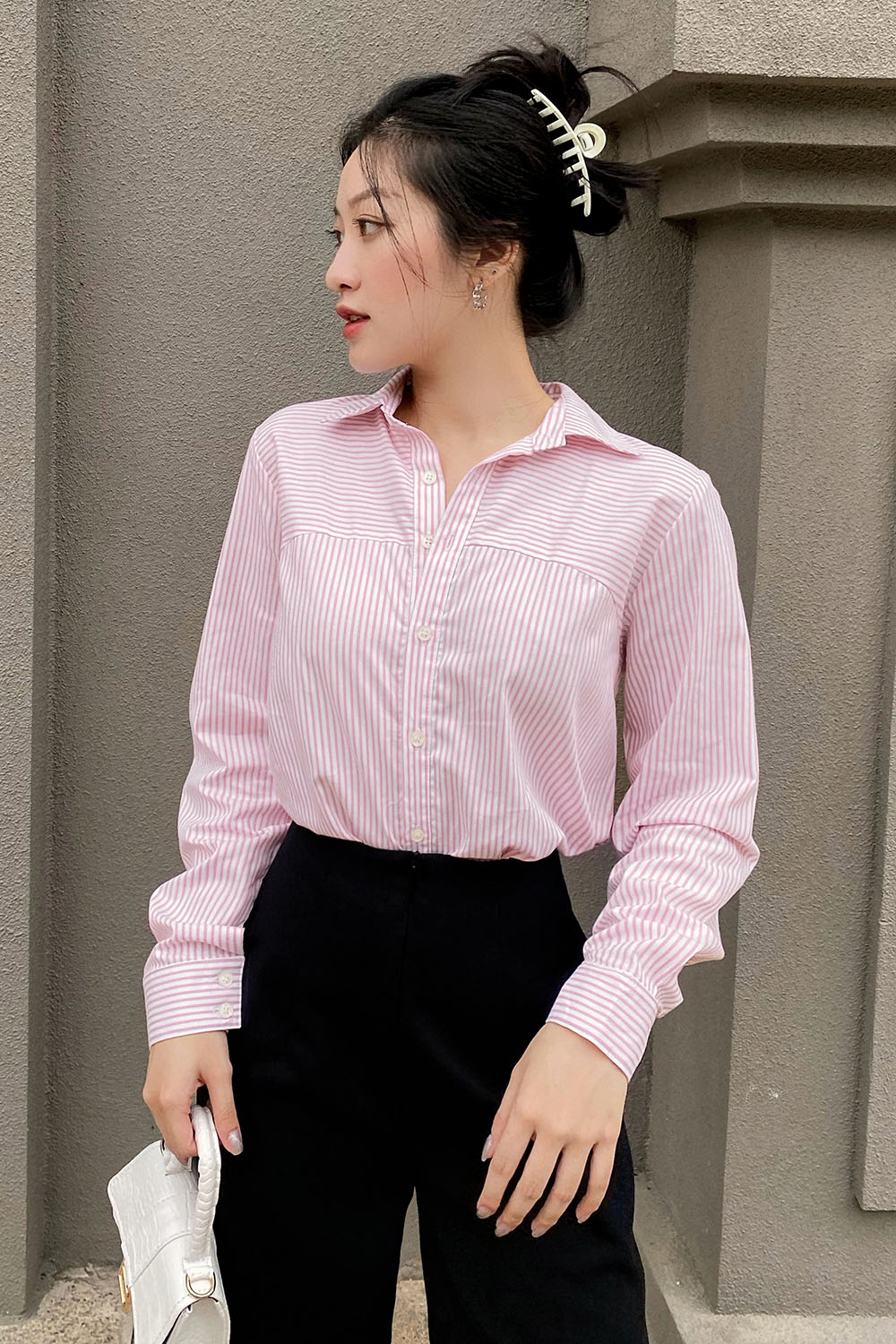 Áo sơ mi nữ công sở sọc hồng trắng 