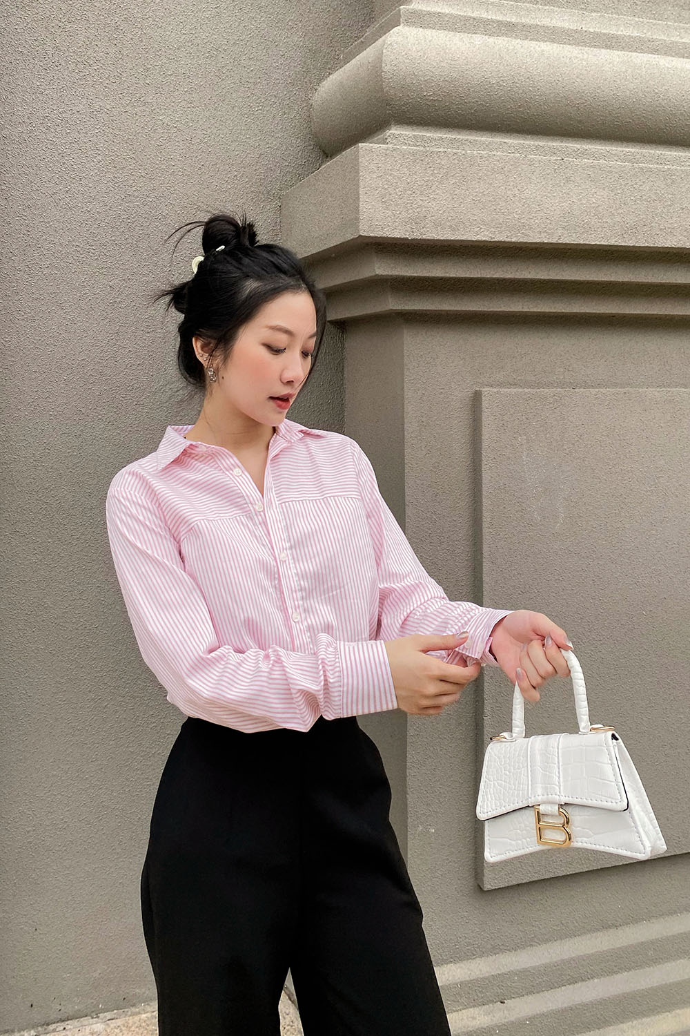 Áo sơ mi nữ công sở sọc hồng trắng 