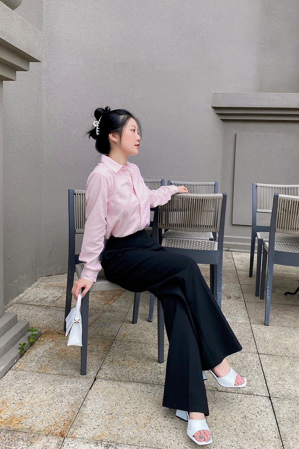 Áo sơ mi nữ công sở sọc hồng trắng 