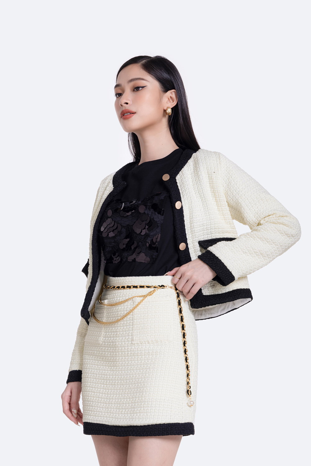Chân váy tweed dáng ngắn phối màu