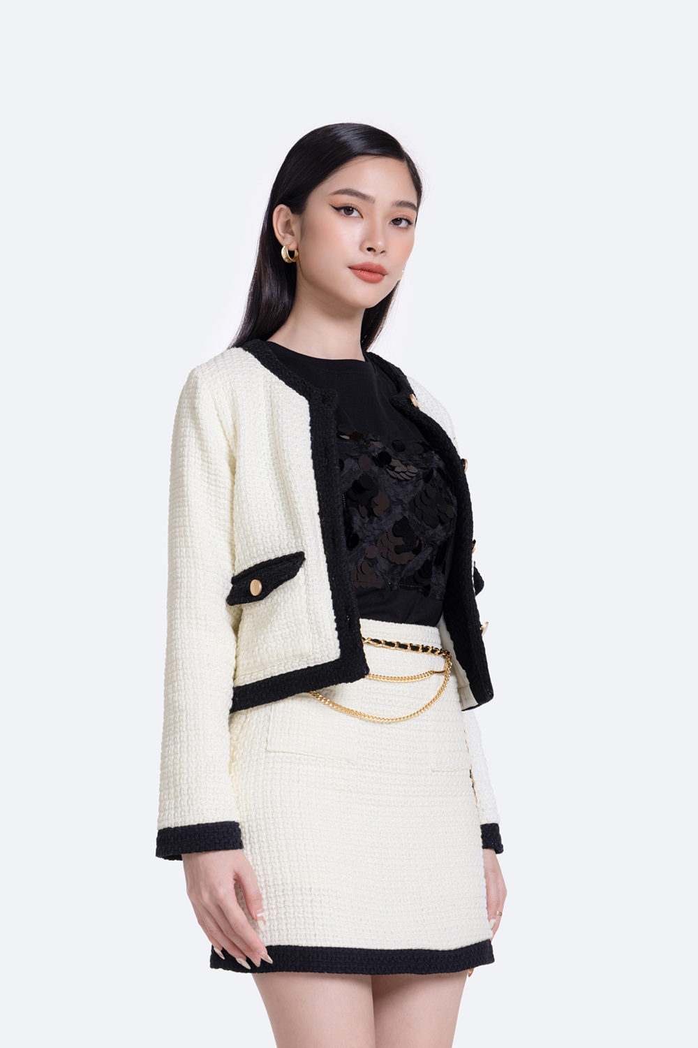 Chân váy tweed dáng ngắn phối màu