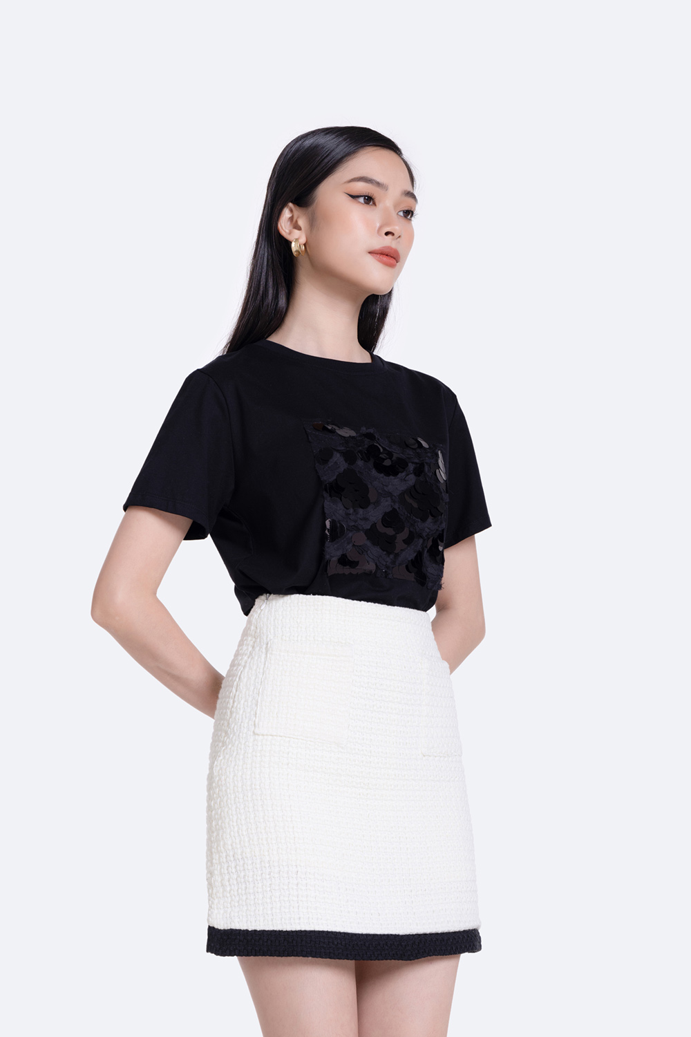 Chân váy tweed dáng ngắn phối màu
