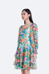 Đầm hoa dáng xòe xếp tầng tay dài