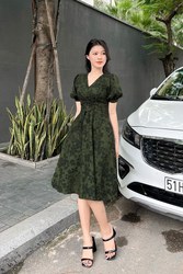 Đầm xòe hoa phối dây thắt nơ tay phồng
