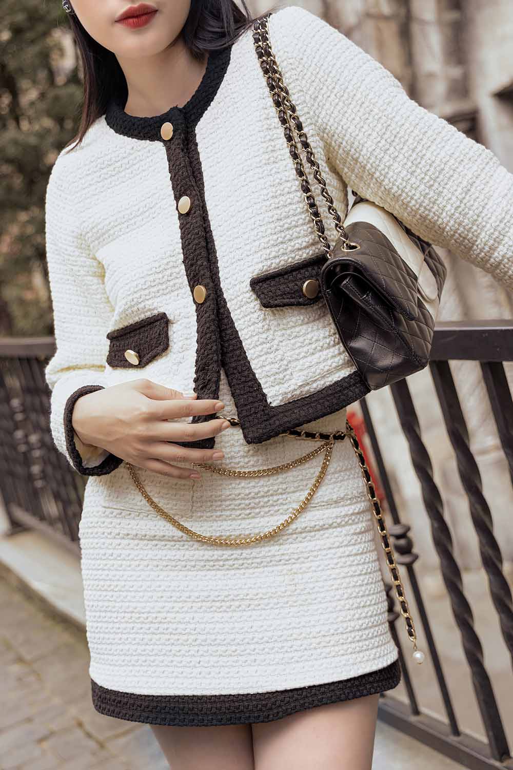 Chân váy tweed dáng ngắn phối màu