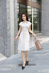 Đầm sơ mi công sở trắng sọc đen