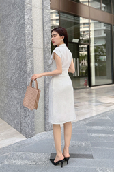 Đầm sơ mi công sở trắng sọc đen