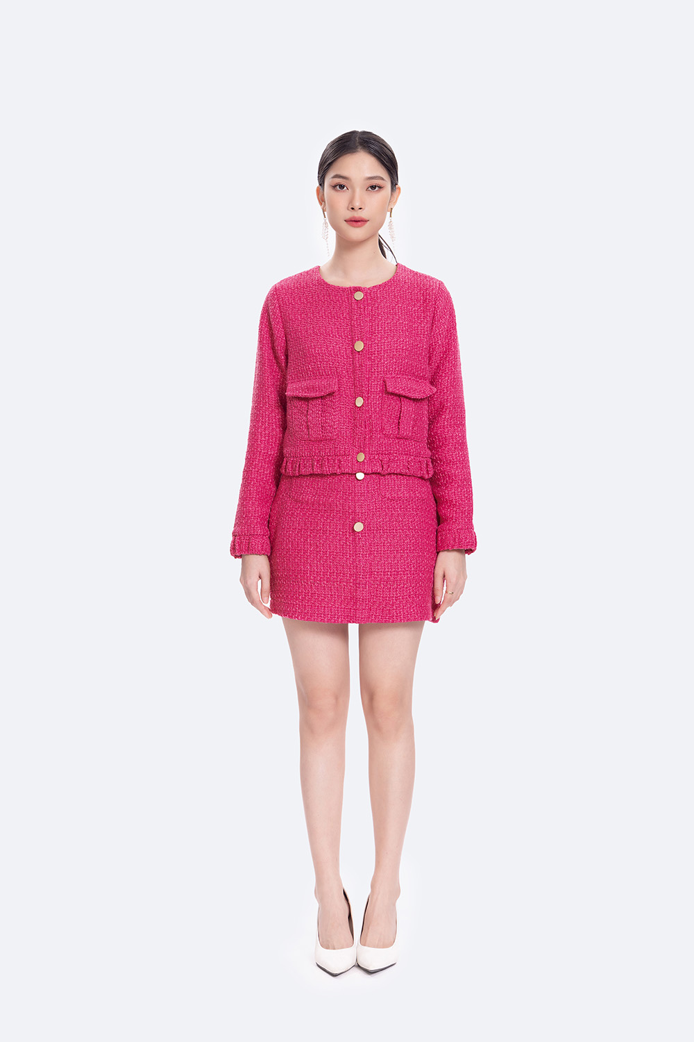 Áo khoác dạ tweed nữ dáng ngắn tay dài