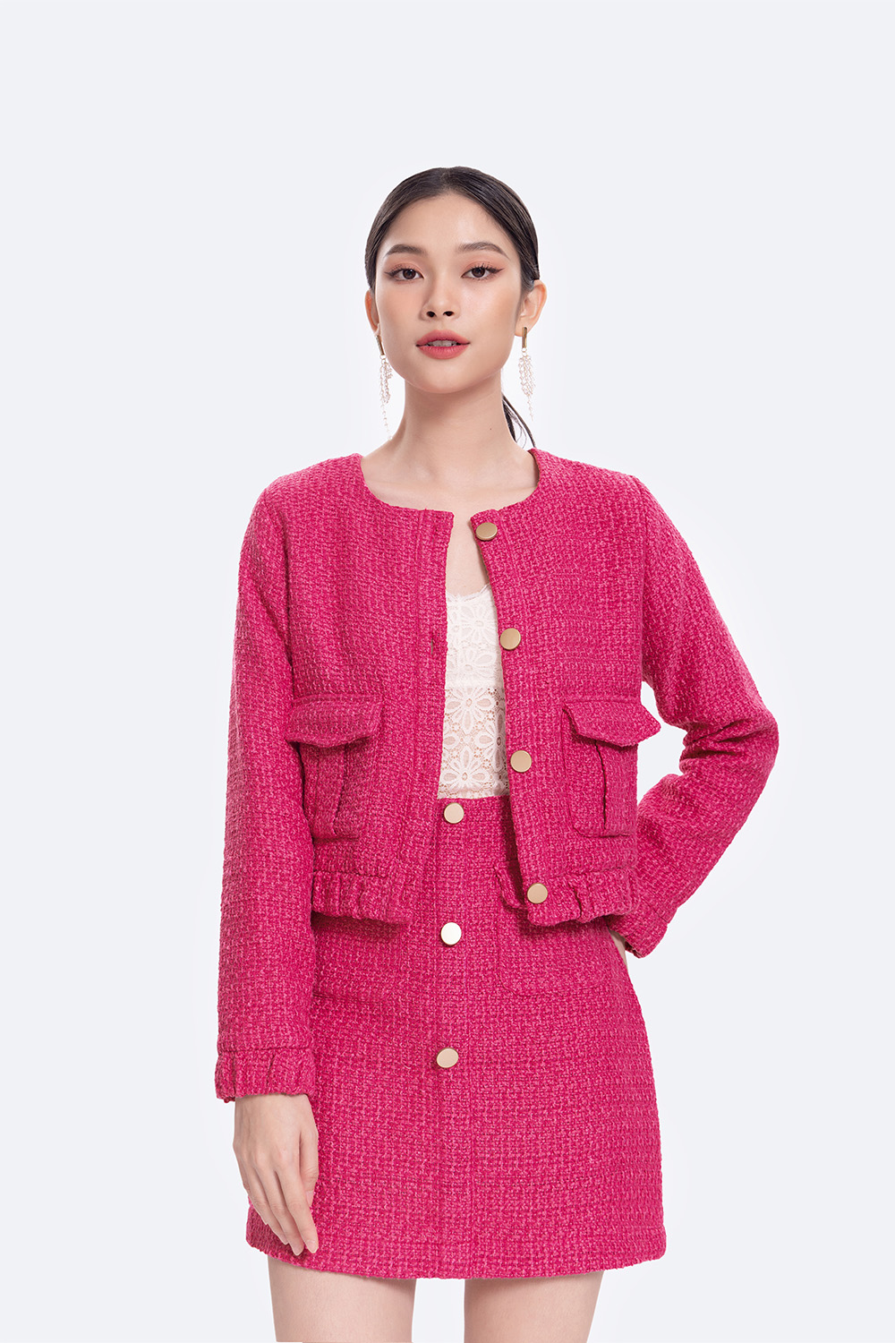 Áo khoác dạ tweed nữ dáng ngắn tay dài