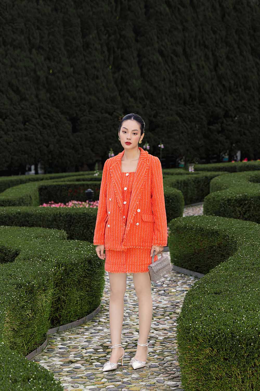 Áo khoác tweed nữ tay dài màu cam