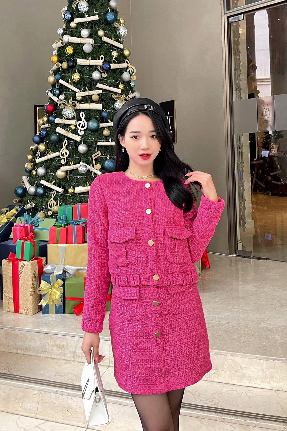 Áo khoác dạ tweed nữ dáng ngắn tay dài