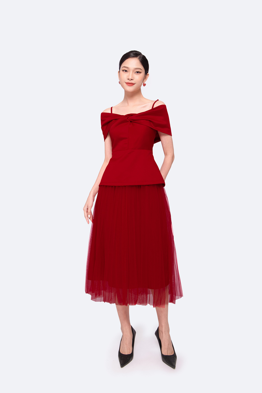 Chân váy xòe midi phối lưới
