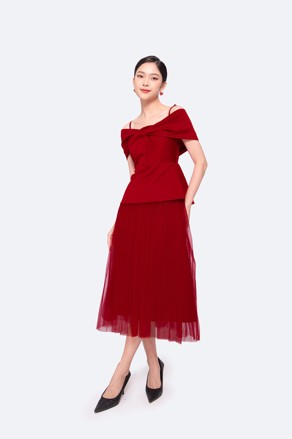 Chân váy xòe midi phối lưới