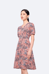 Đầm công sở họa tiết dáng chữ A cổ V