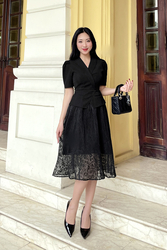 Đầm đen công sở peplum tùng phối lưới