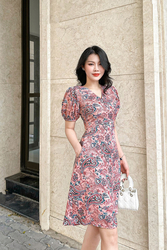 Đầm công sở họa tiết dáng chữ A cổ V