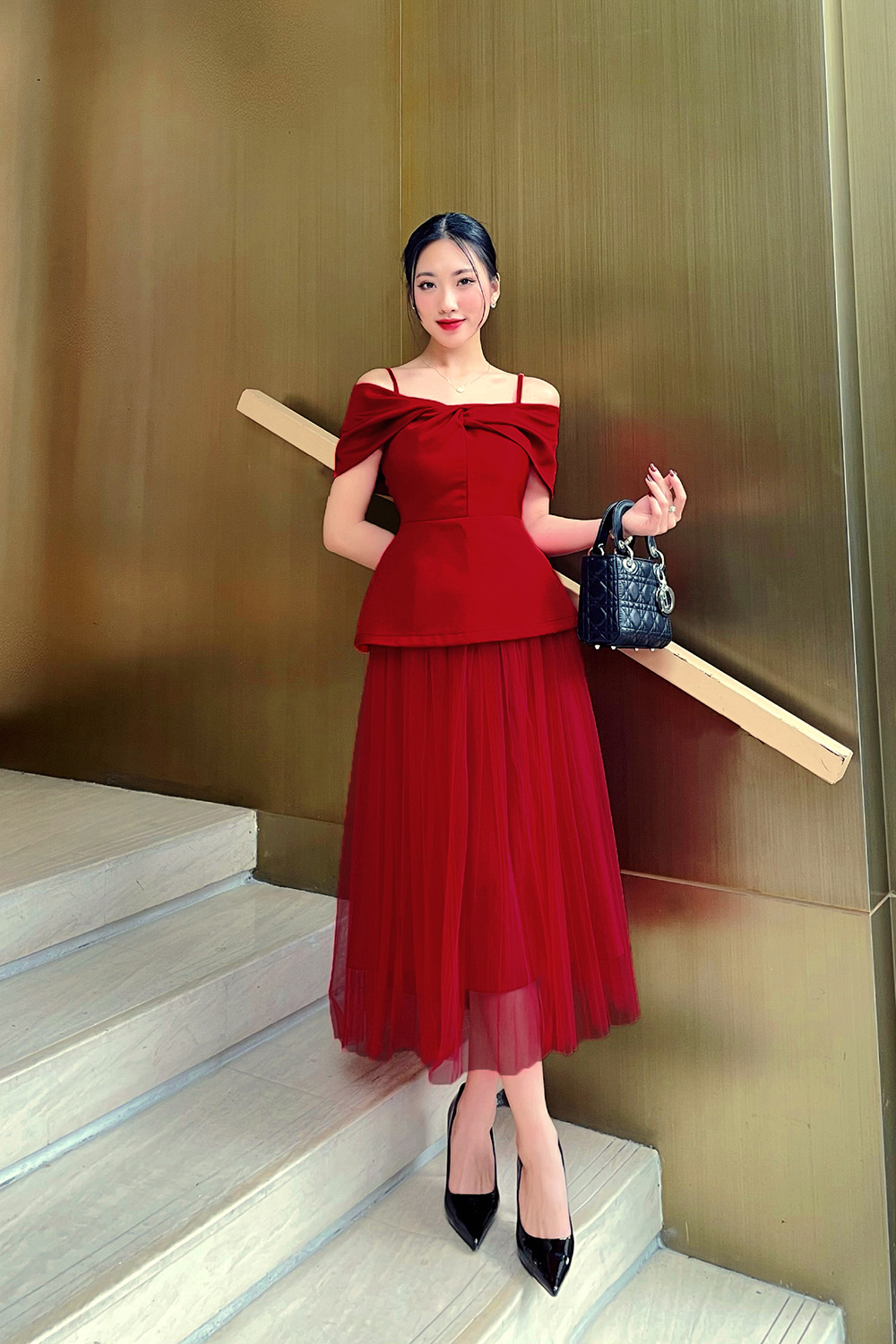 Chân váy xòe midi phối lưới