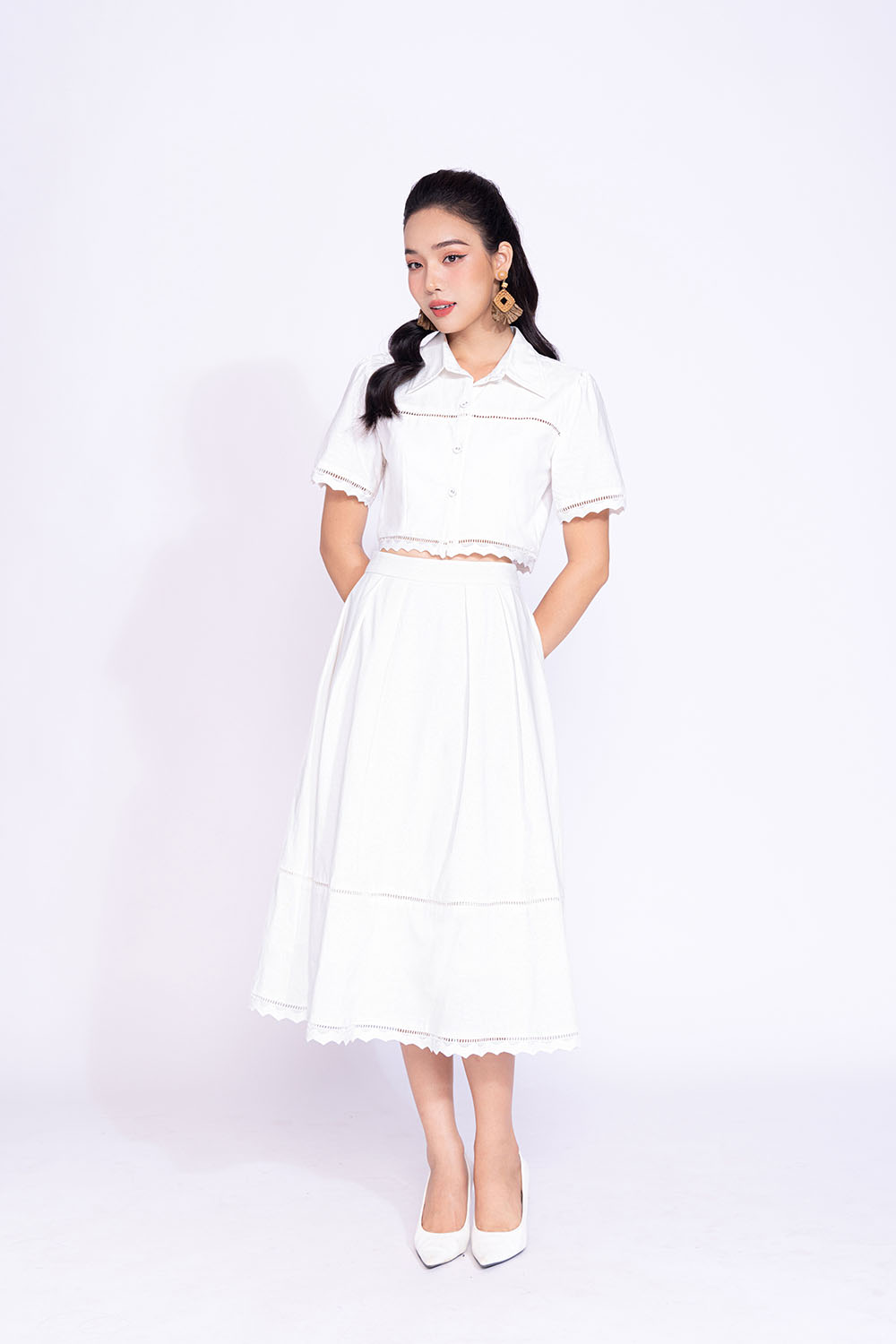 Chân váy midi công sở màu trắng