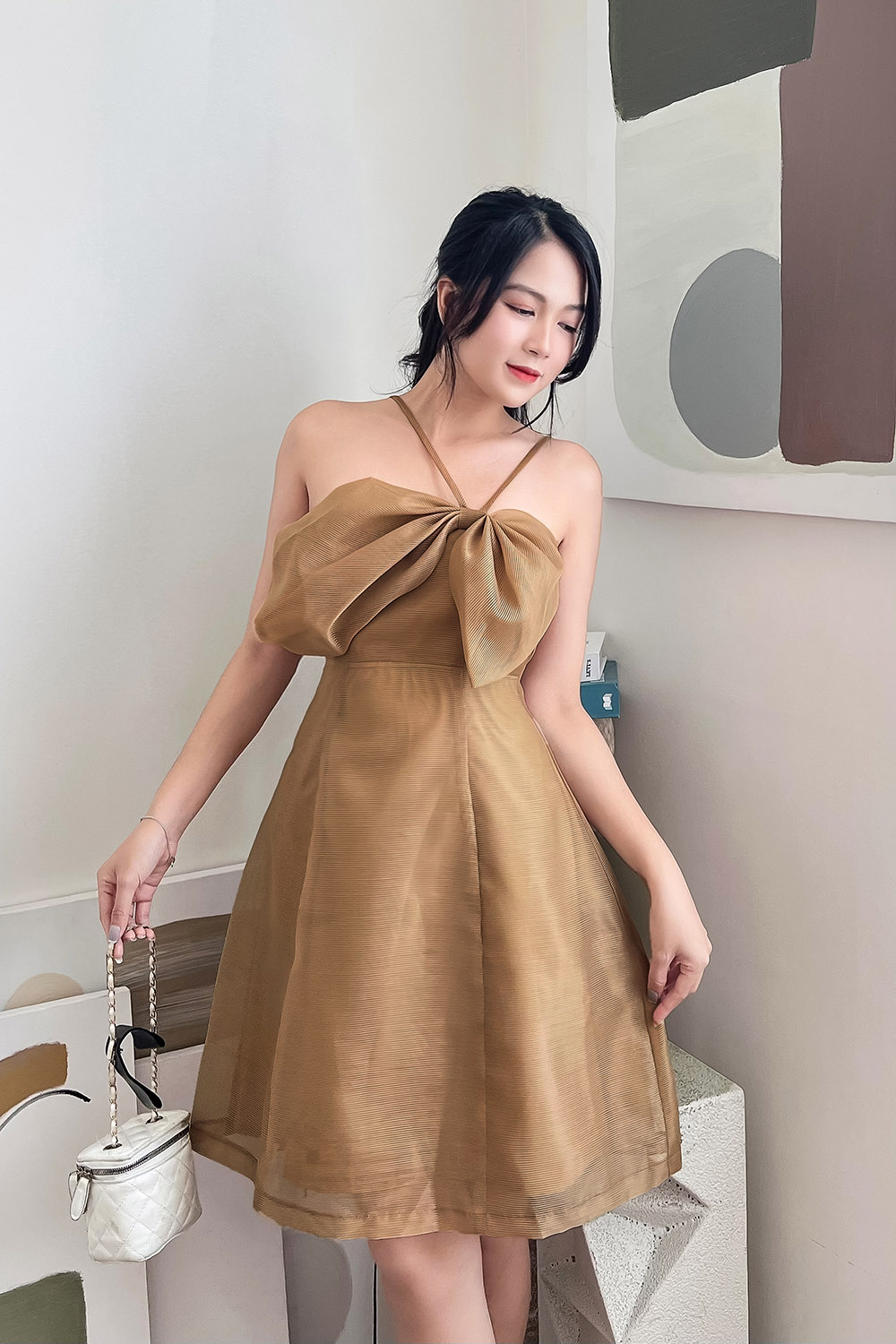 Đầm hai dây dự tiệc phối nơ dáng xòe