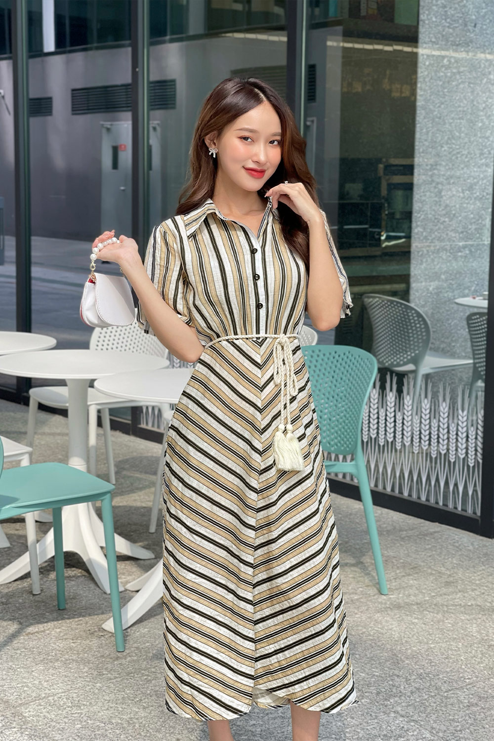 Đầm sơ mi công sở dáng xòe thắt eo