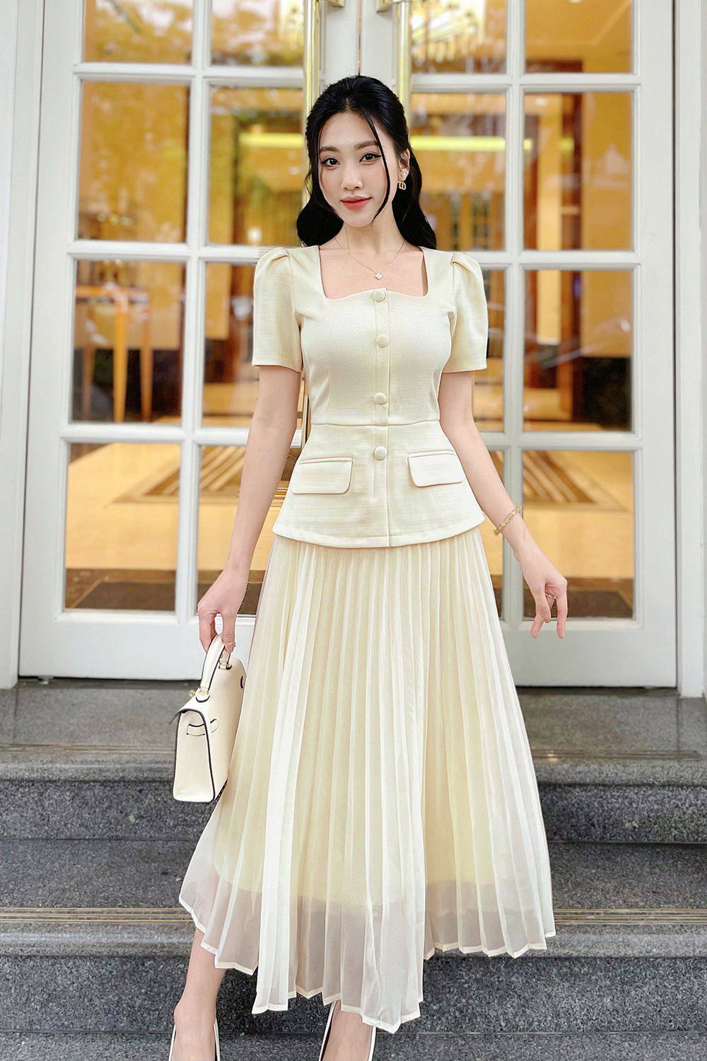 Đầm peplum công sở phối xếp ly