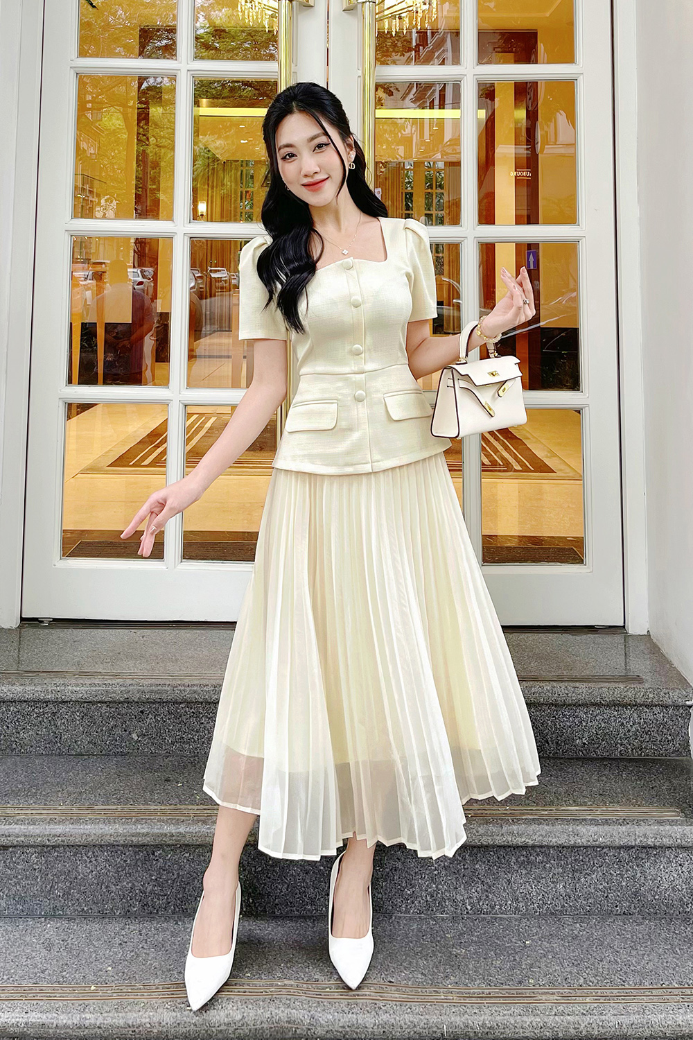 Đầm peplum công sở phối xếp ly