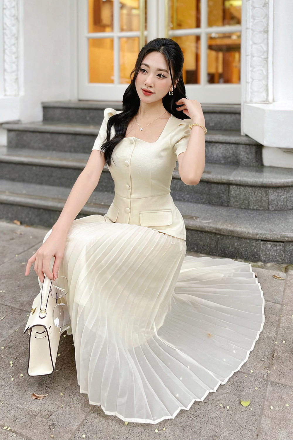 Đầm peplum công sở phối xếp ly