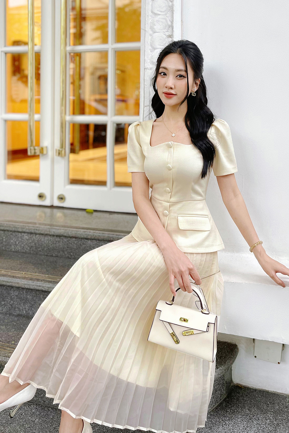 Đầm peplum công sở phối xếp ly