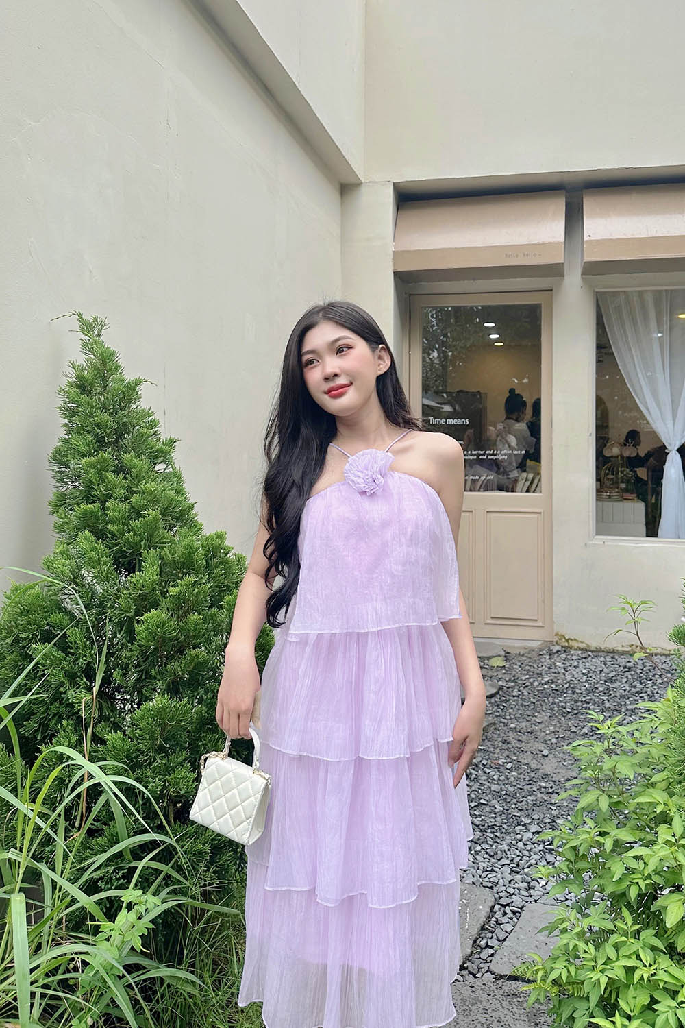 Đầm xòe nhiều tầng hai dây phối hoa