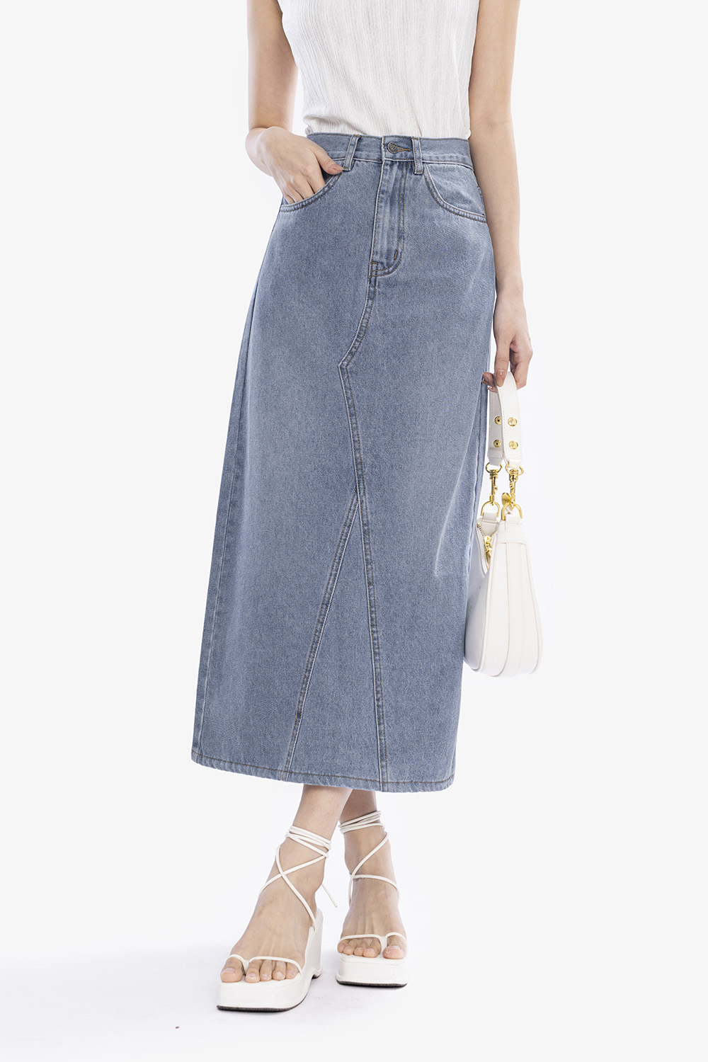 Chân váy jeans dài dáng chữ A màu xanh