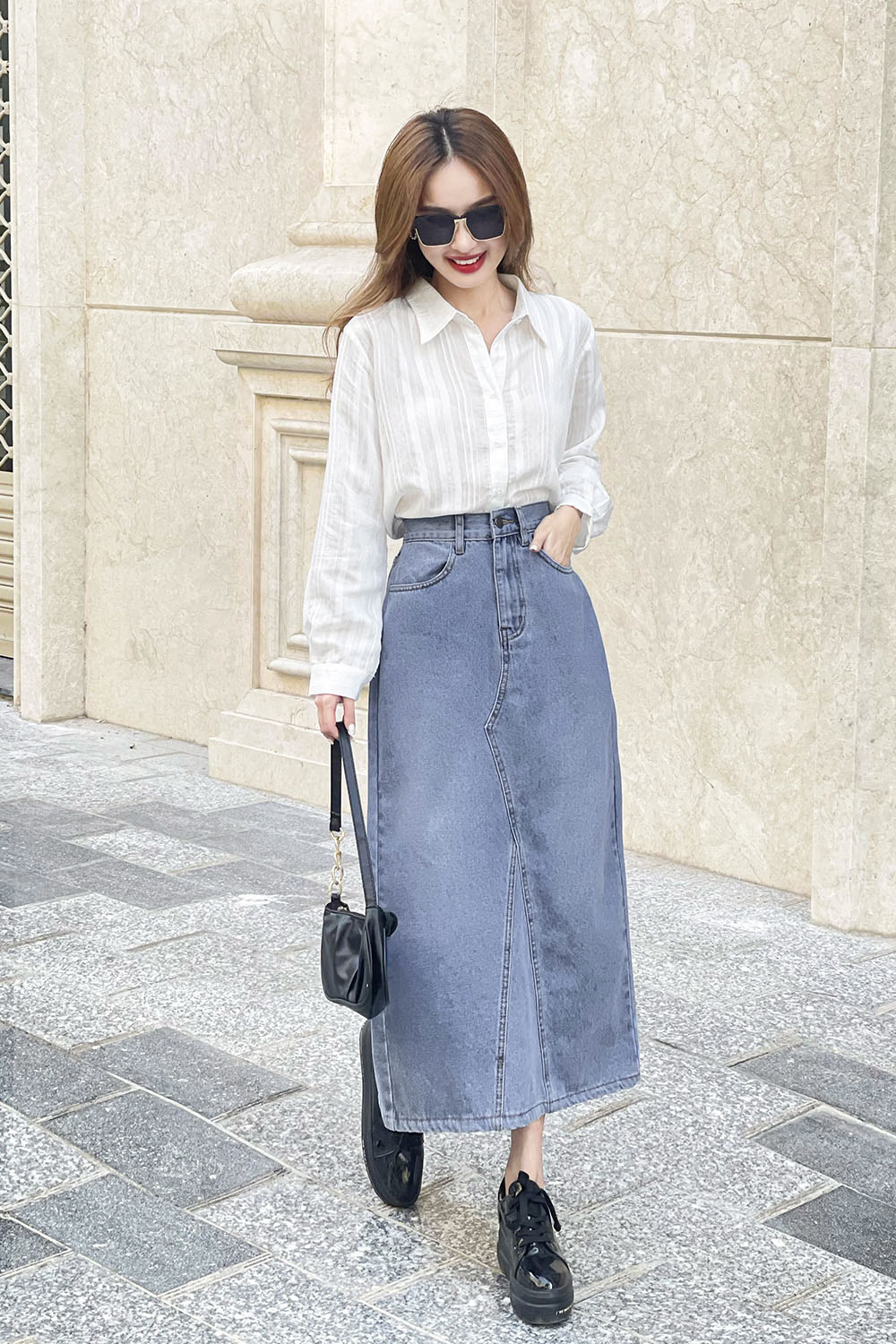 Chân váy jeans dài dáng chữ A màu xanh