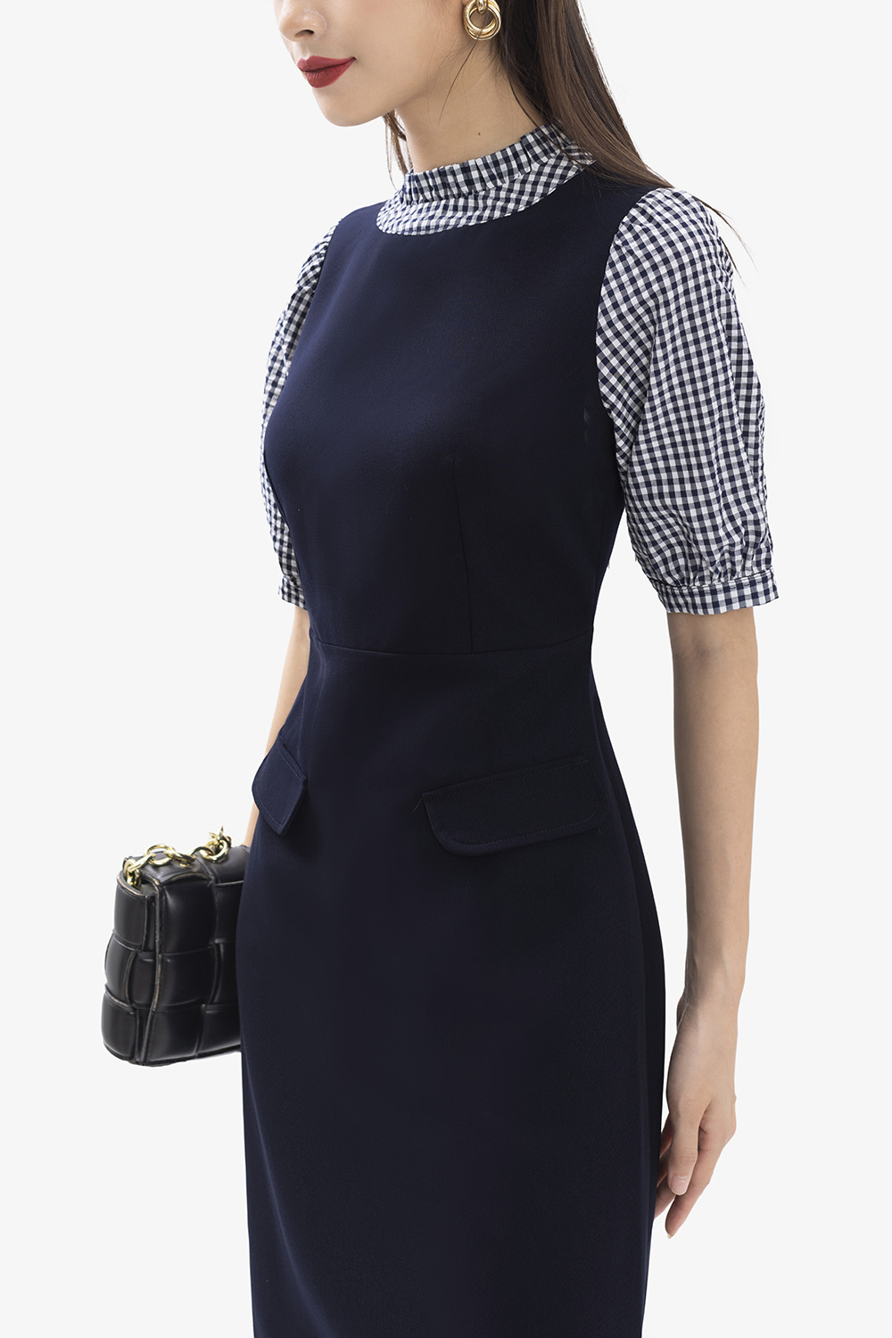 Đầm chữ A tay lỡ phối caro màu xanh đen