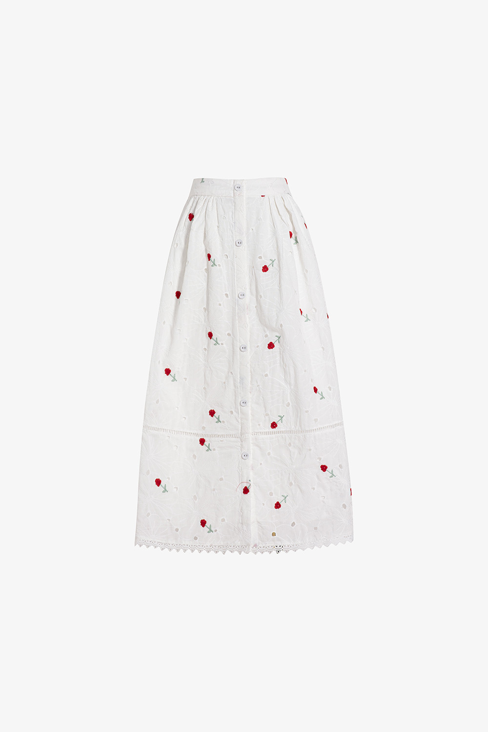Chân váy trắng midi dáng xòe thêu hoa