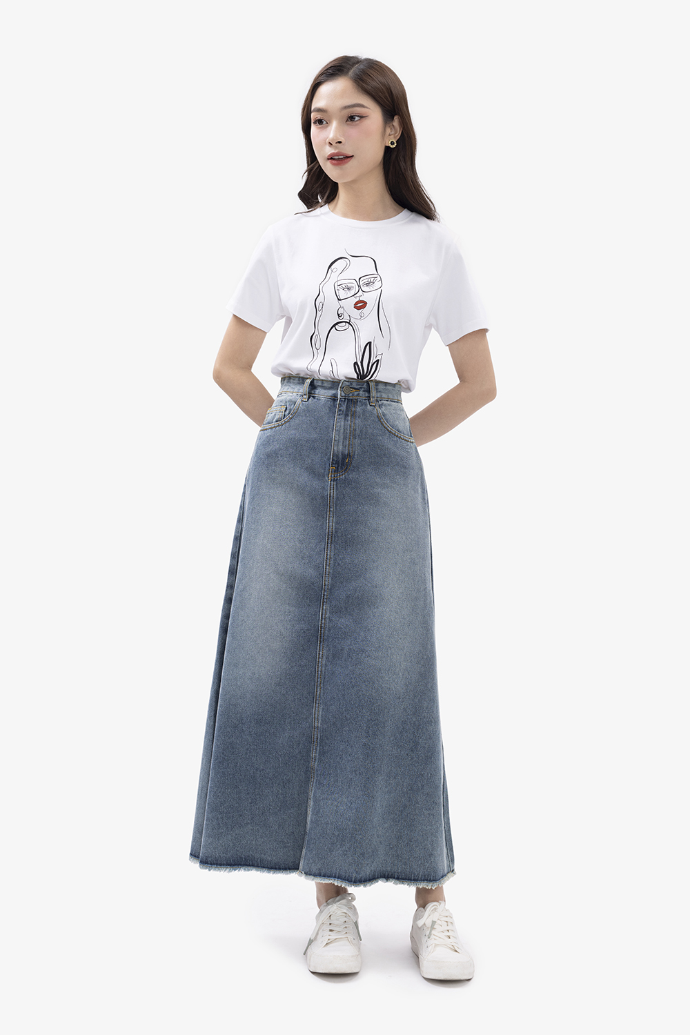 Chân váy jeans dáng dài chữ a