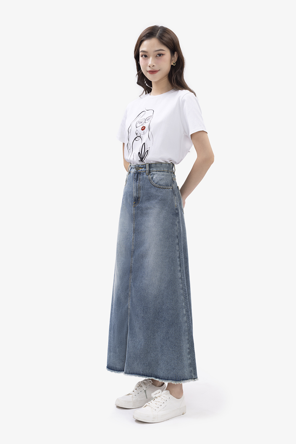 Chân váy jeans dáng dài chữ a
