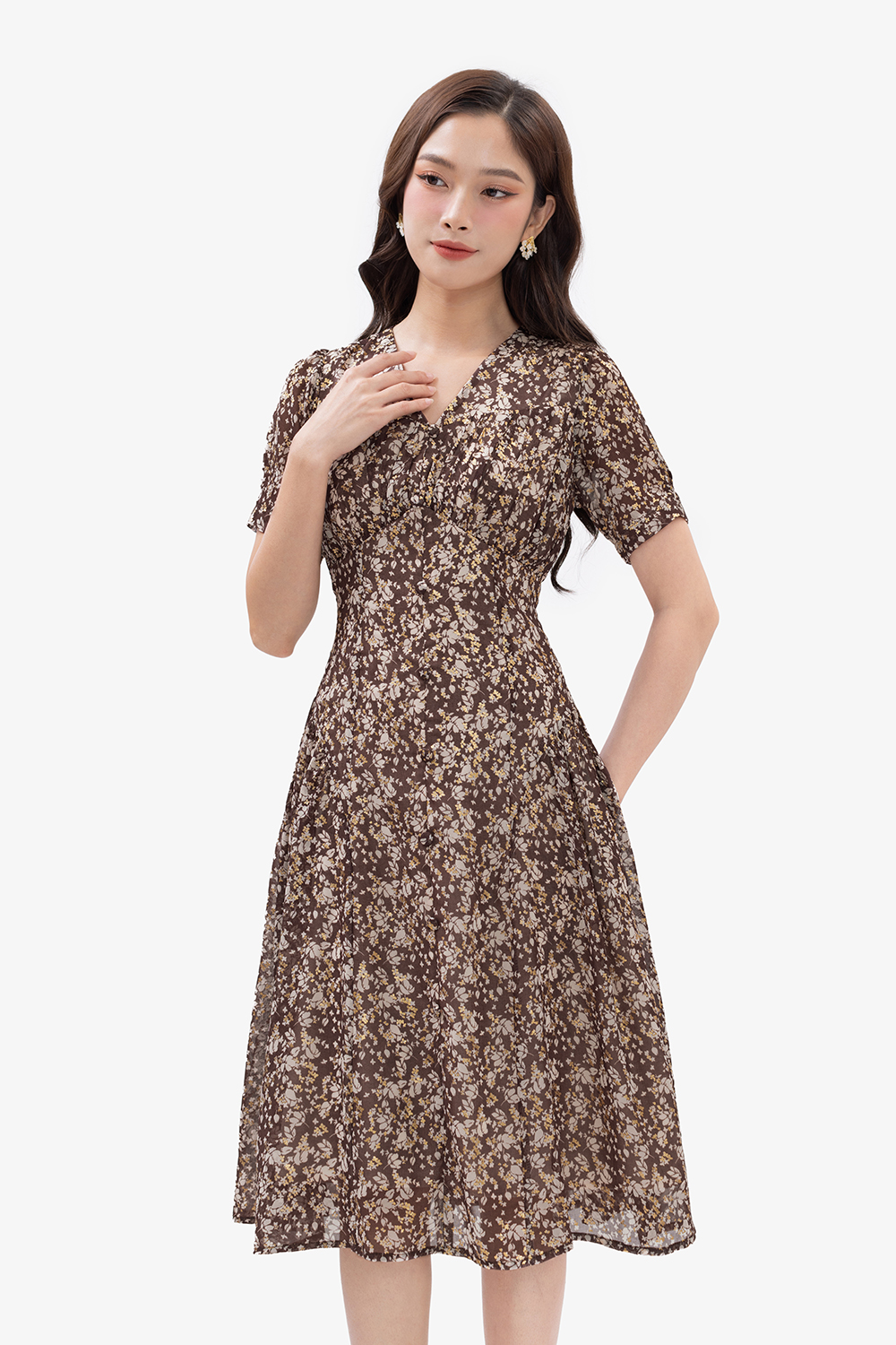 Đầm voan dáng xoè hoạ tiết hoa
