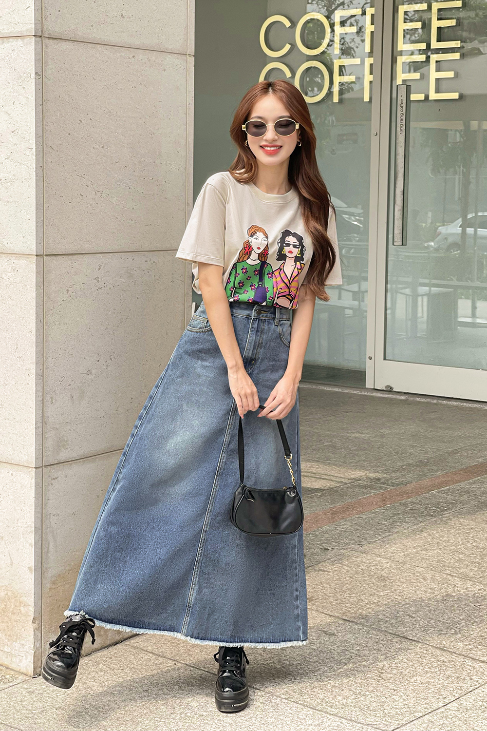 Chân váy jeans dáng dài chữ a