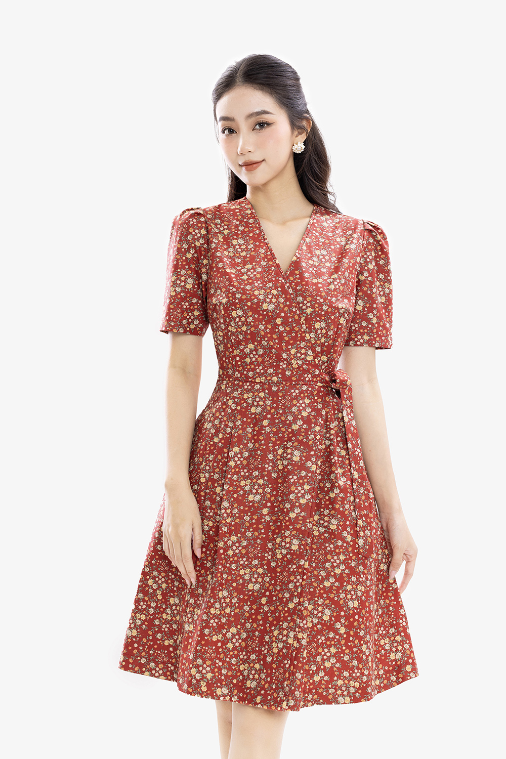 Đầm xòe chữ A cổ V eo phối nơ