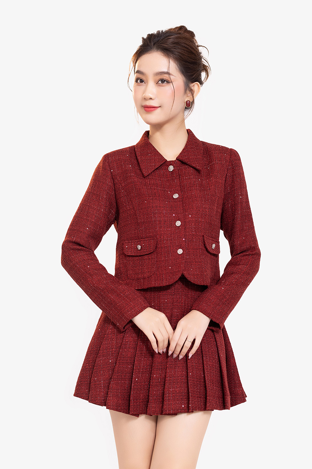 Áo tweed kiểu dáng ngắn màu đỏ tay dài