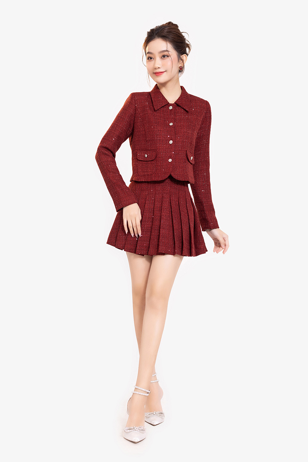 Áo tweed kiểu dáng ngắn màu đỏ tay dài