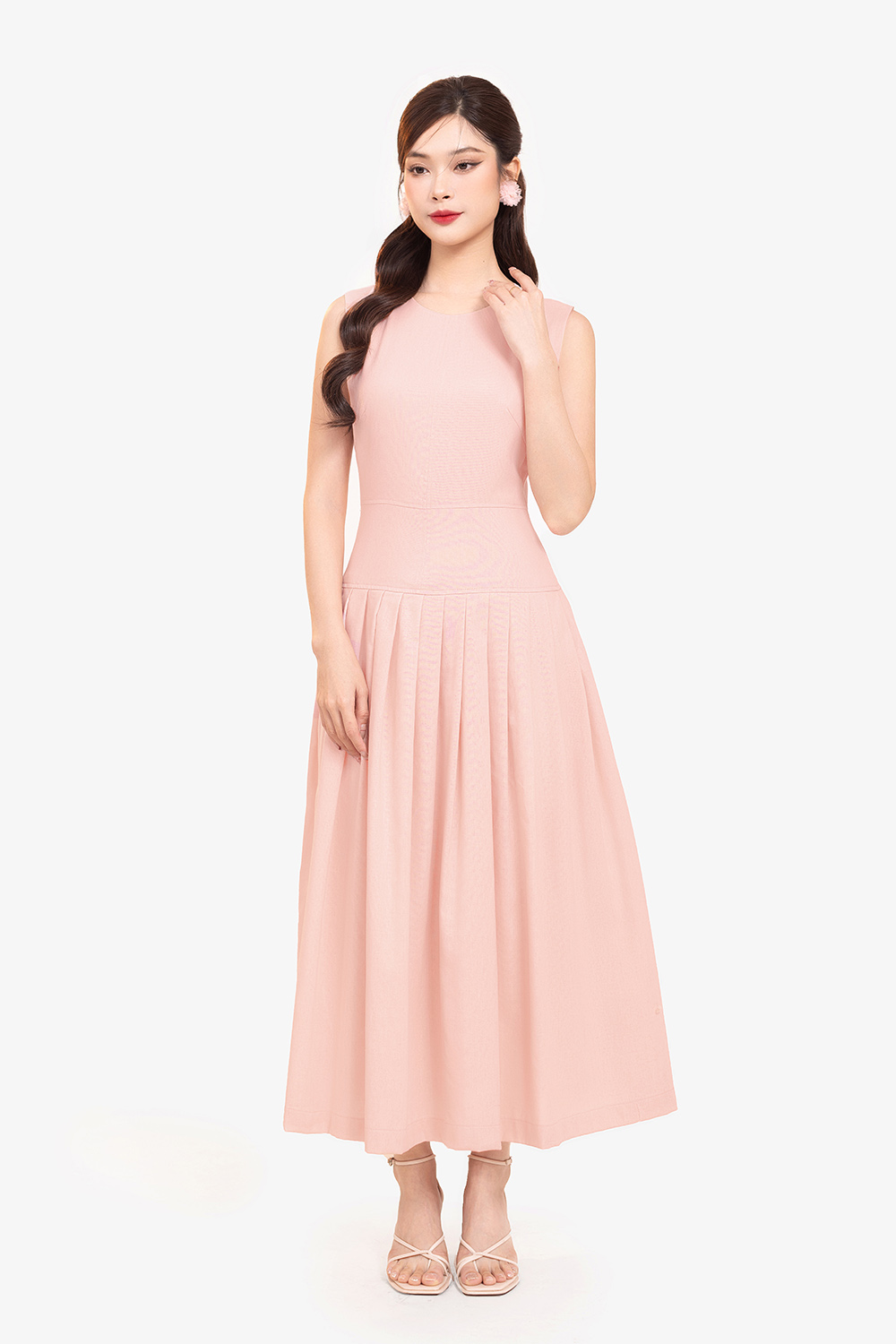 Đầm linen dáng xòe dài xếp ly màu hồng