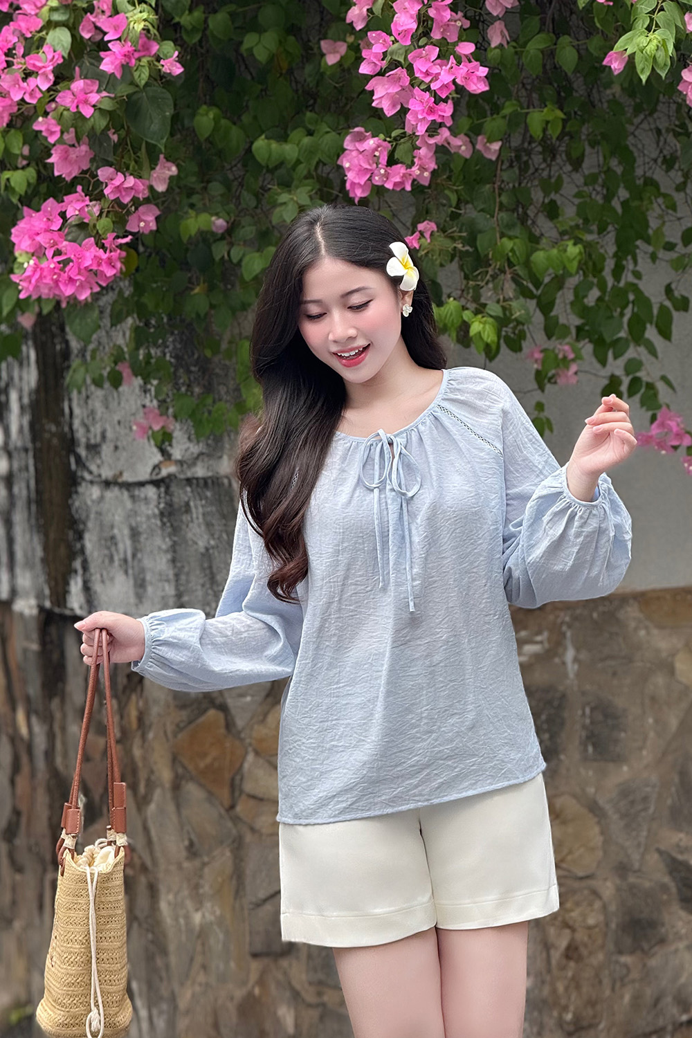 Áo kiểu tay dài cổ phối nơ