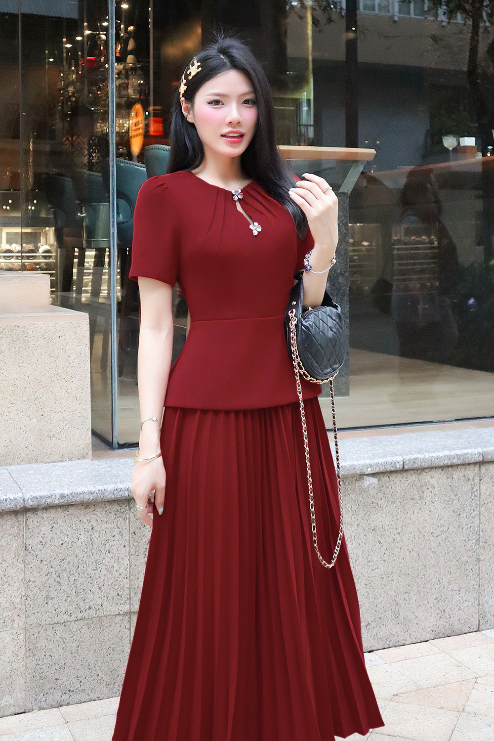 Áo kiểu peplum công sở màu đỏ